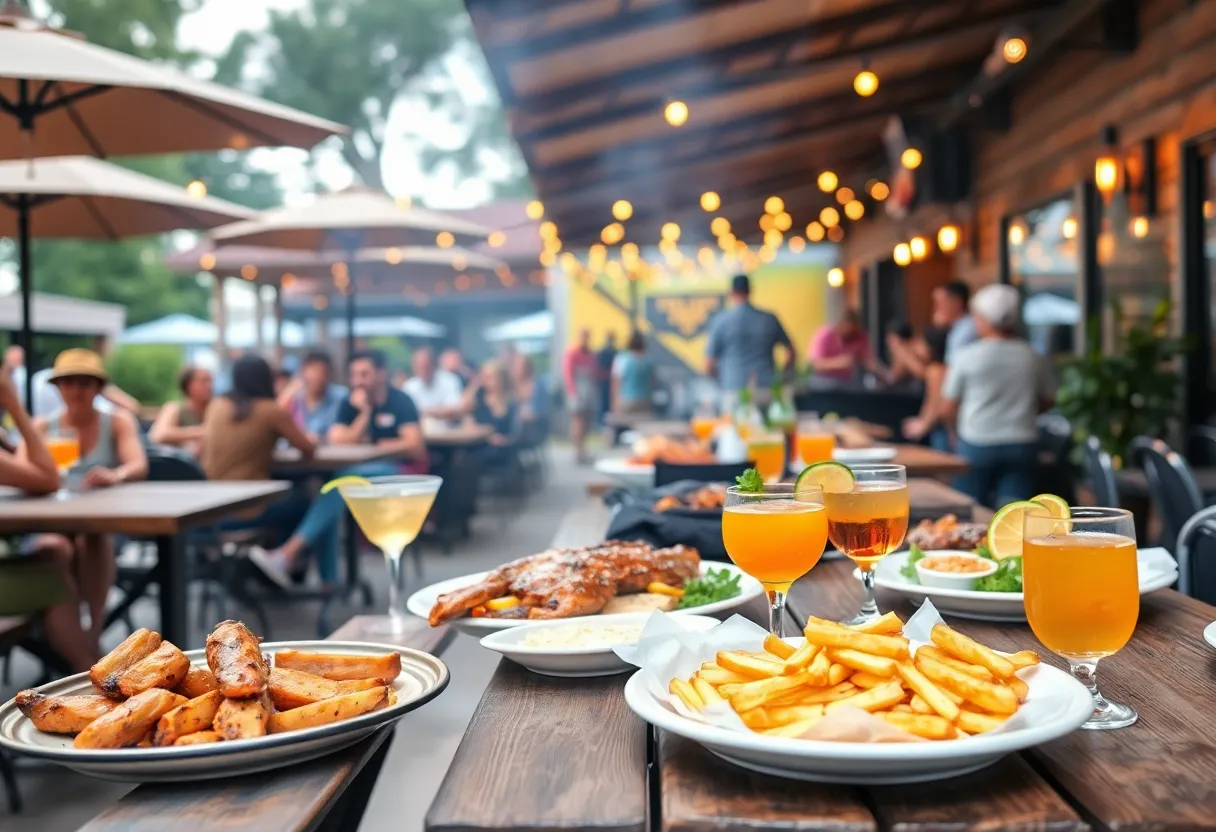 Outdoor barbecue event at Brother Jimmy's BBQ with happy patrons and Southern dishes.