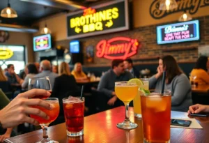 Happy hour at Brother Jimmy's BBQ with cocktails and guests