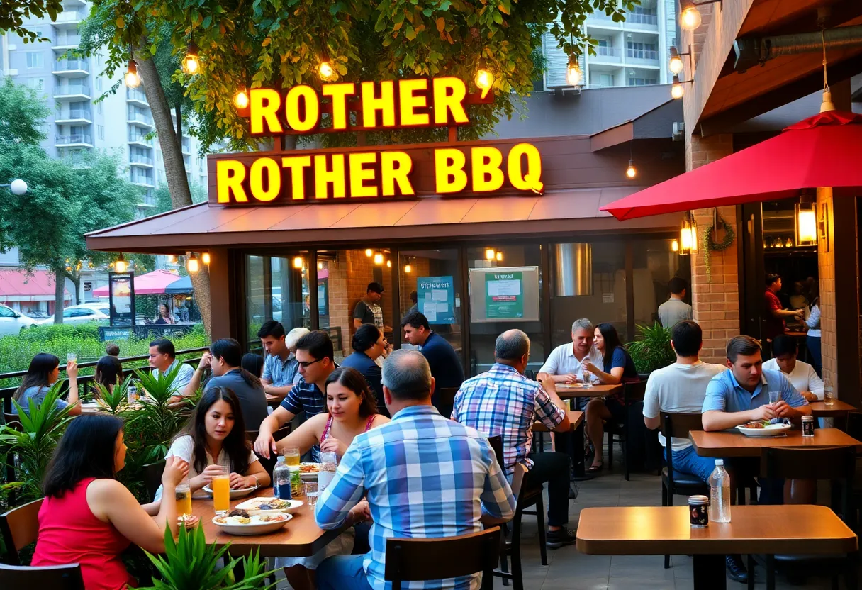 Exterior view of Brother Jimmy's BBQ restaurant with outdoor seating at ICON Park.