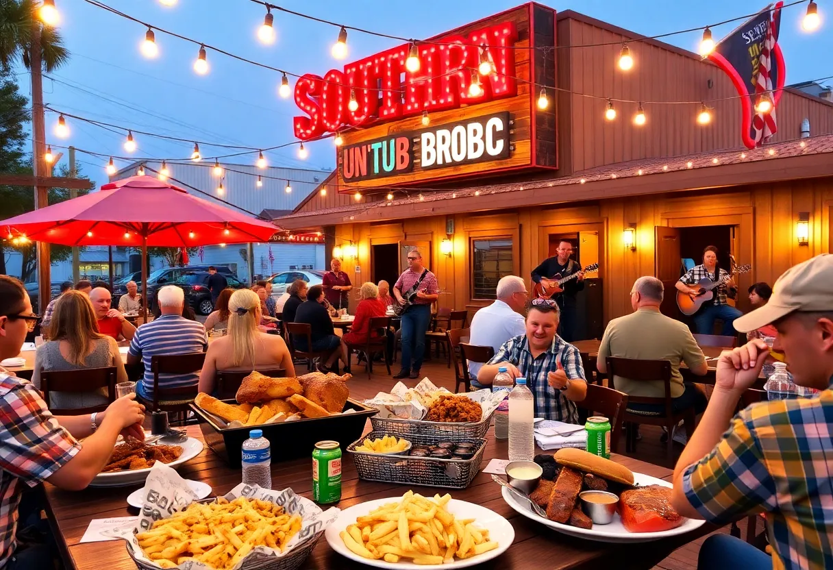 Outdoor dining at Brother Jimmy's BBQ featuring Southern barbecue dishes.