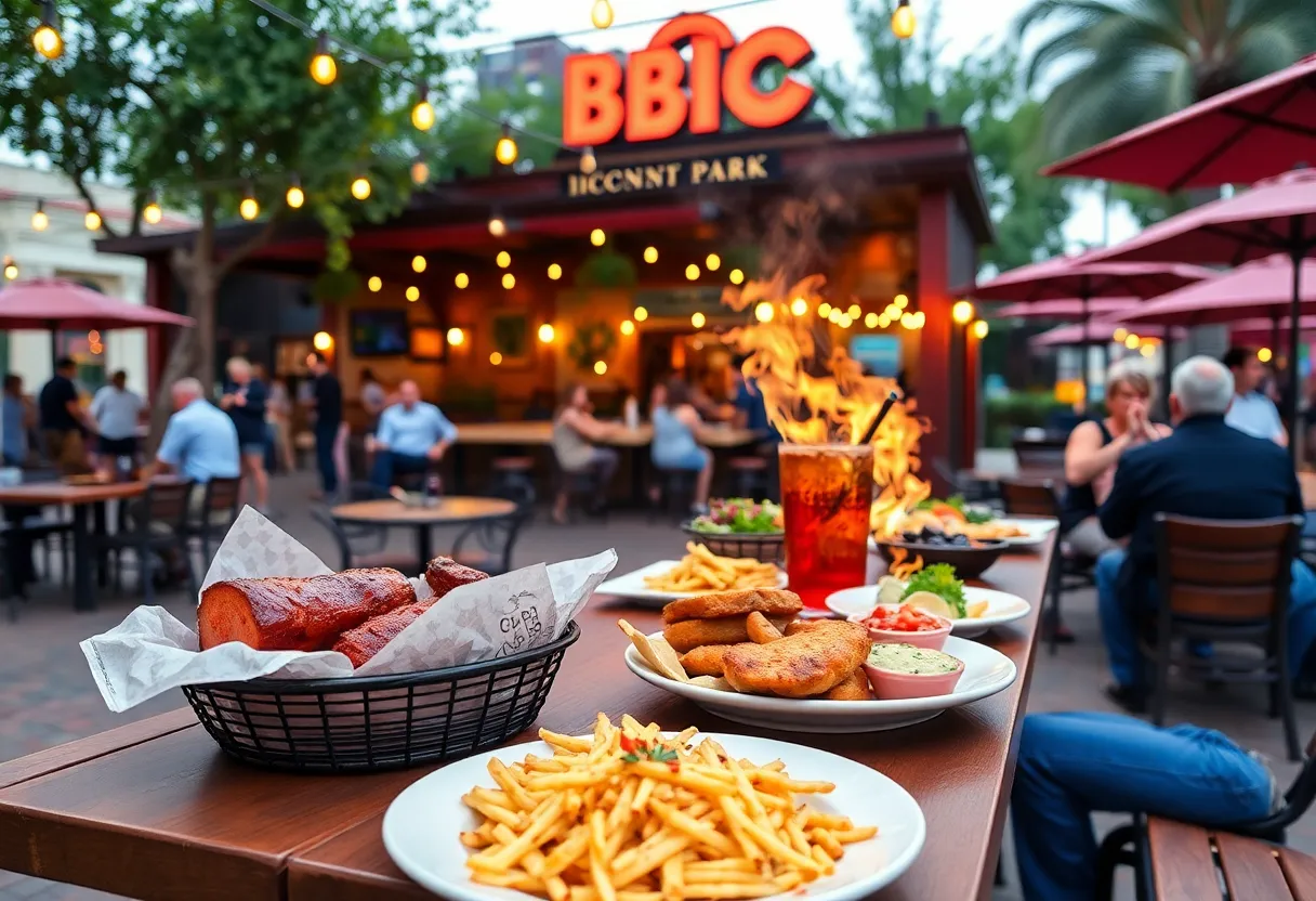 Outdoor dining at Brother Jimmy's BBQ with Southern dishes