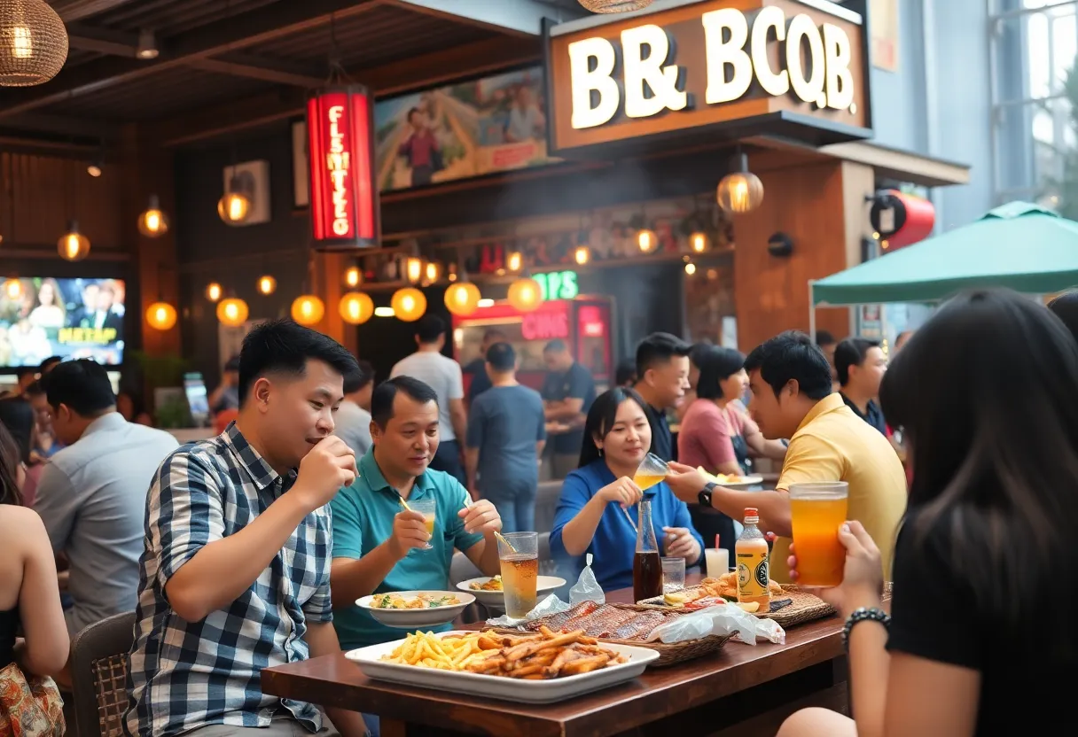 People enjoying BBQ and drinks at Brother Jimmy's BBQ in ICON Park.