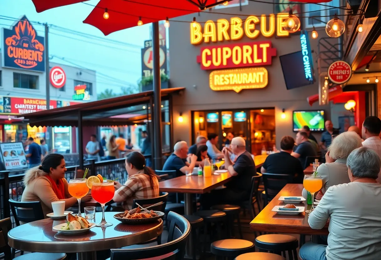 Outdoor dining area of Brother Jimmy's BBQ with guests enjoying their meals.