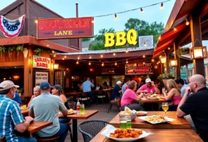 Outdoor dining at Brother Jimmy's BBQ featuring Southern barbecue and lively entertainment