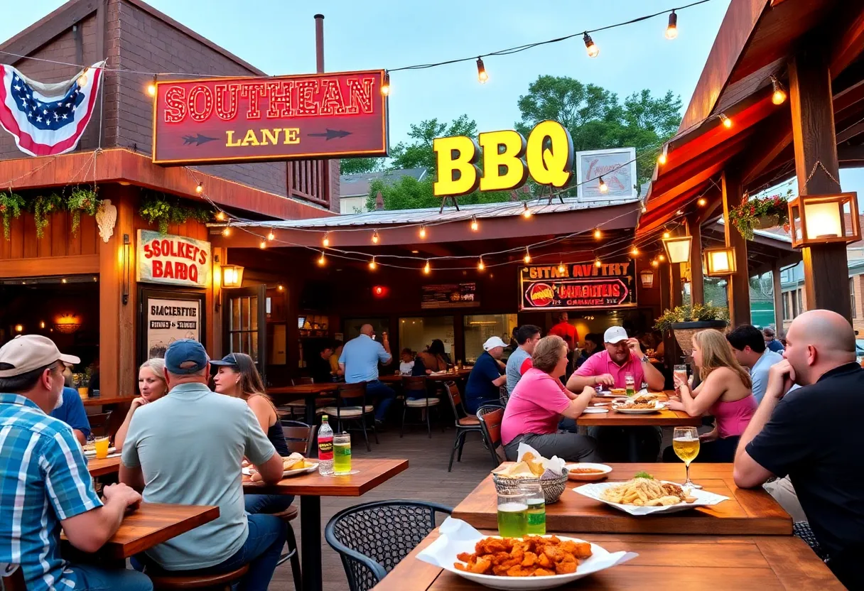 Outdoor dining at Brother Jimmy's BBQ featuring Southern barbecue and lively entertainment
