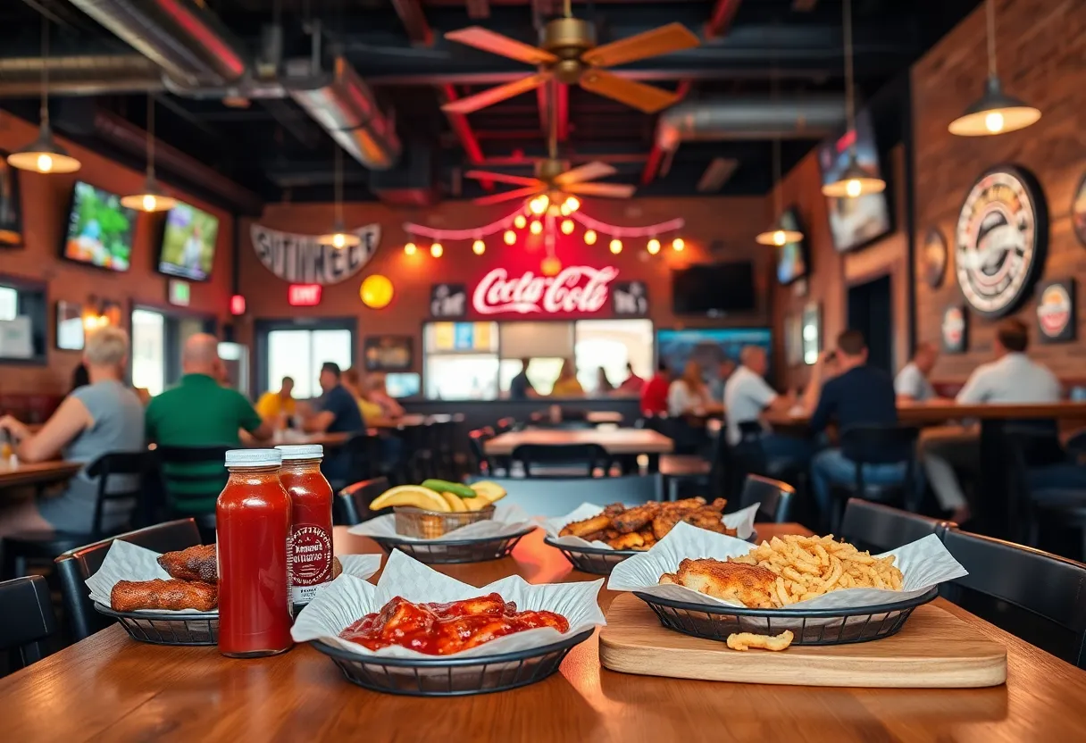 Interior of Brother Jimmy's BBQ showing patrons enjoying Southern BBQ.