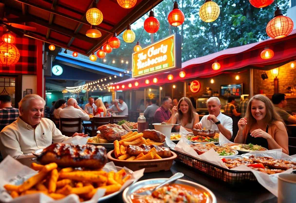 Customers enjoying outdoor dining at Brother Jimmy’s BBQ with barbecue dishes on the table.