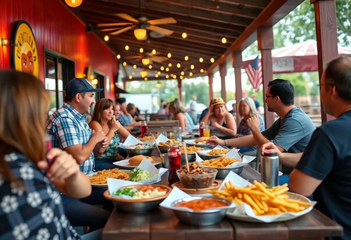 Outdoor dining at Brother Jimmy's BBQ showcasing Southern dishes