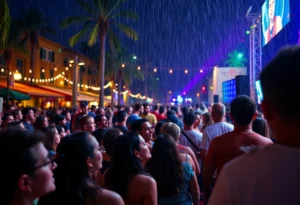 Crowd enjoying a concert in Central Florida under colorful lights during light rain