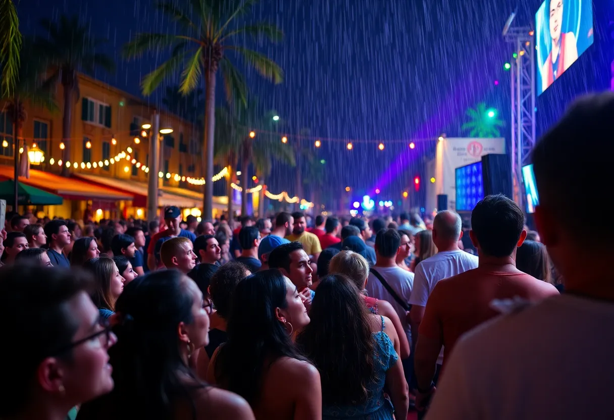 Crowd enjoying a concert in Central Florida under colorful lights during light rain