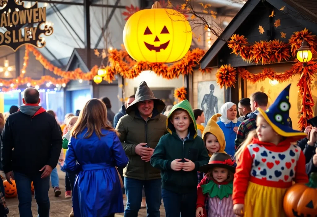 Bustling Halloween festival with families, haunted house, and fall-themed activities.