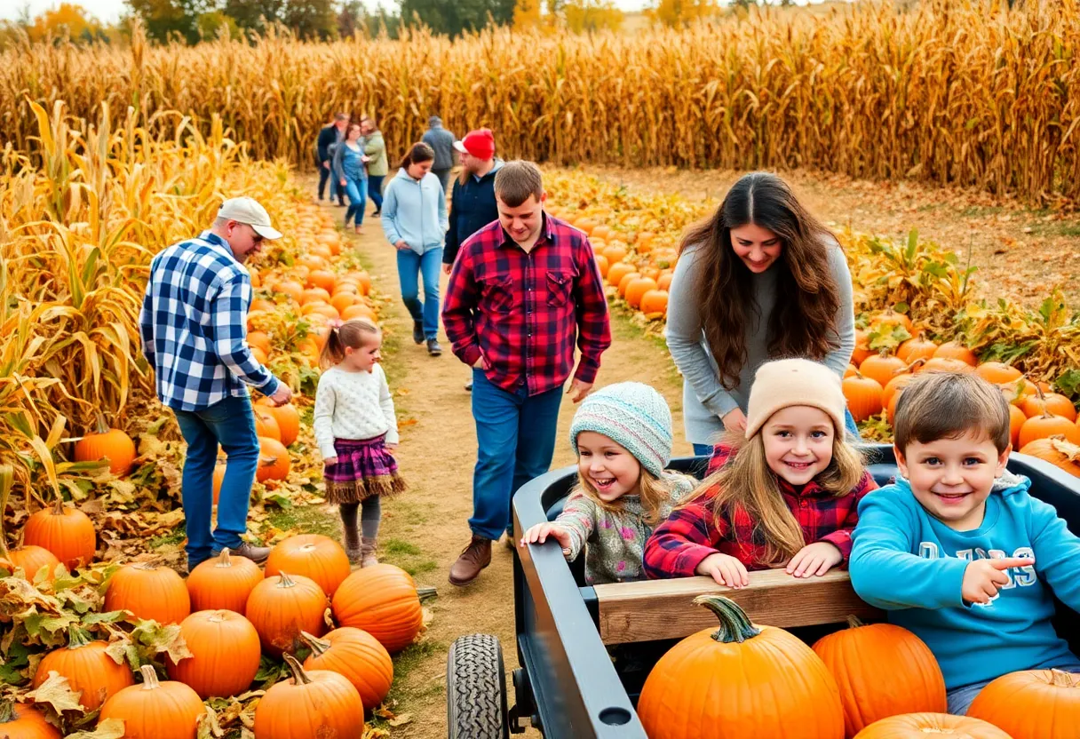 Families enjoying a fall festival in Central Florida, with activities like a corn maze and hayrides.