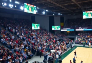 Crowd at a sports event in Central Florida with flags and excitement