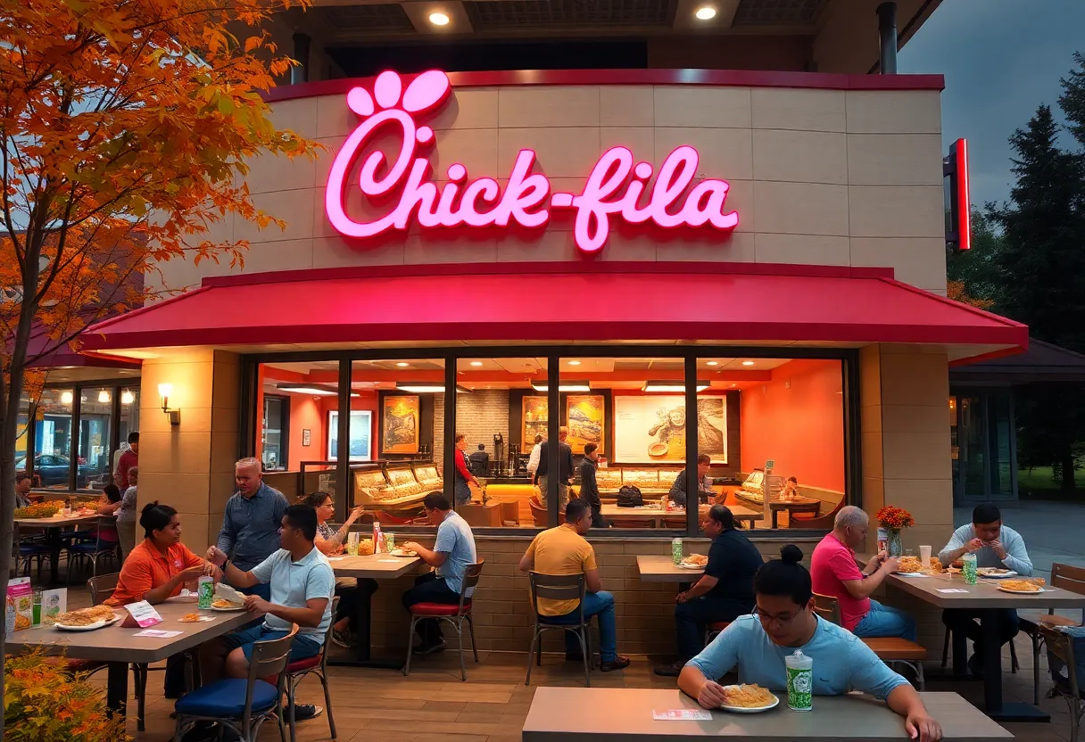 Exterior of a Chick-fil-A restaurant in Orlando with customers dining
