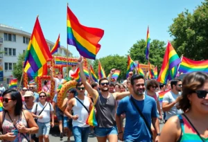 A festive parade scene from the Come Out With Pride event in Orlando, showcasing rainbow flags and joyful participants.