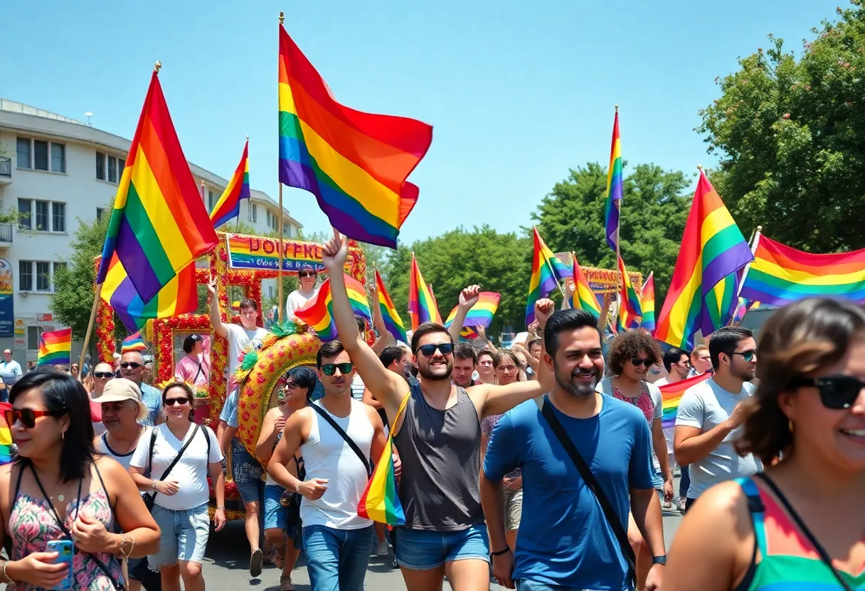 A festive parade scene from the Come Out With Pride event in Orlando, showcasing rainbow flags and joyful participants.