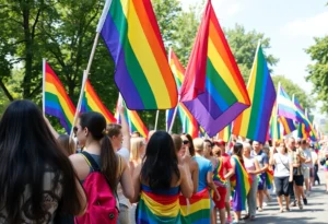 Participants waving rainbow flags at the Come Out With Pride parade in Orlando.