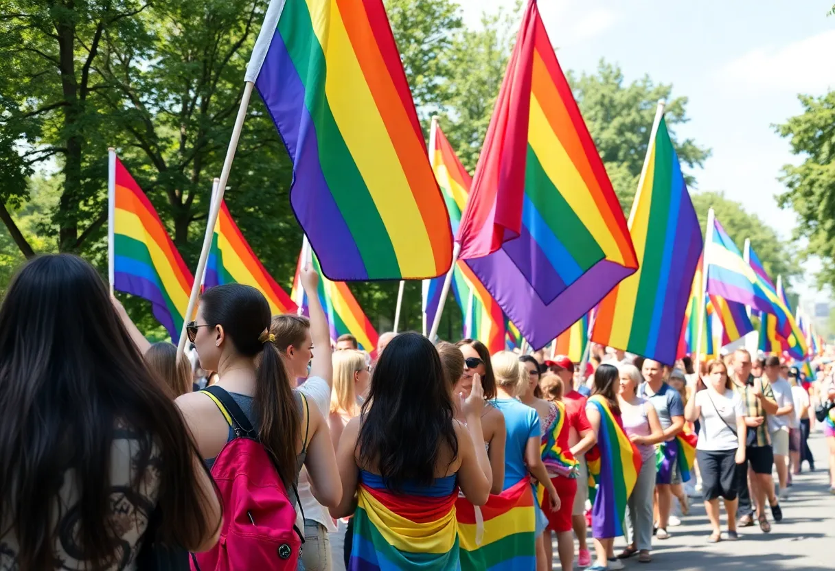 Participants waving rainbow flags at the Come Out With Pride parade in Orlando.