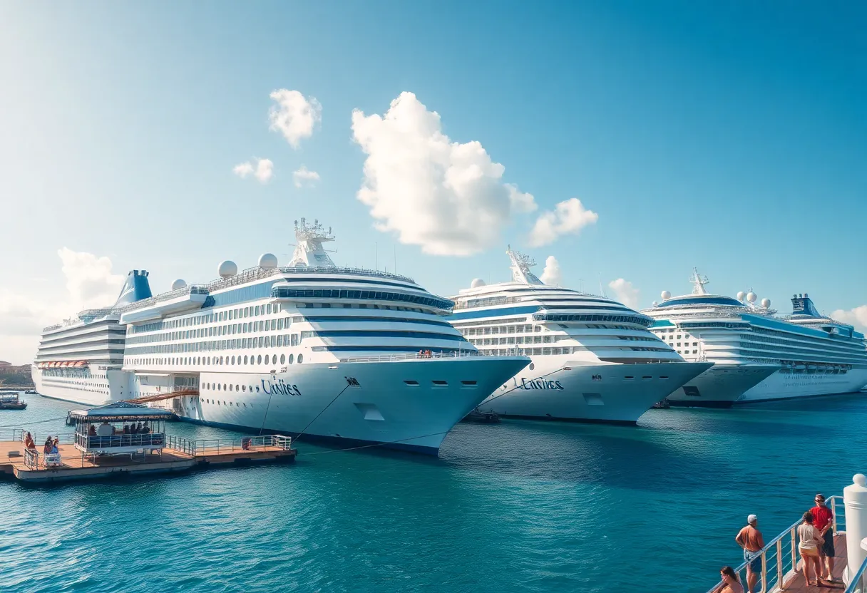 Multiple cruise ships docked in a sunny tropical port