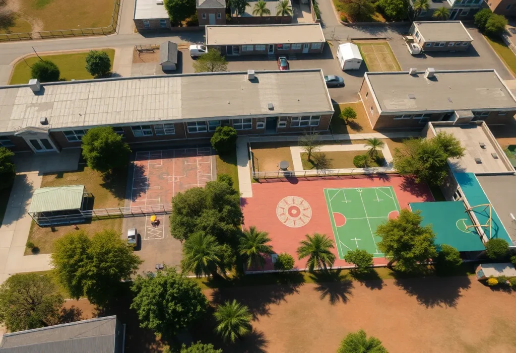 Aerial view of an empty school campus showing signs of declining enrollment.