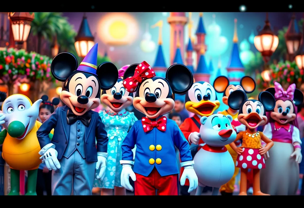 A colorful display of Disney animatronics in a theme park