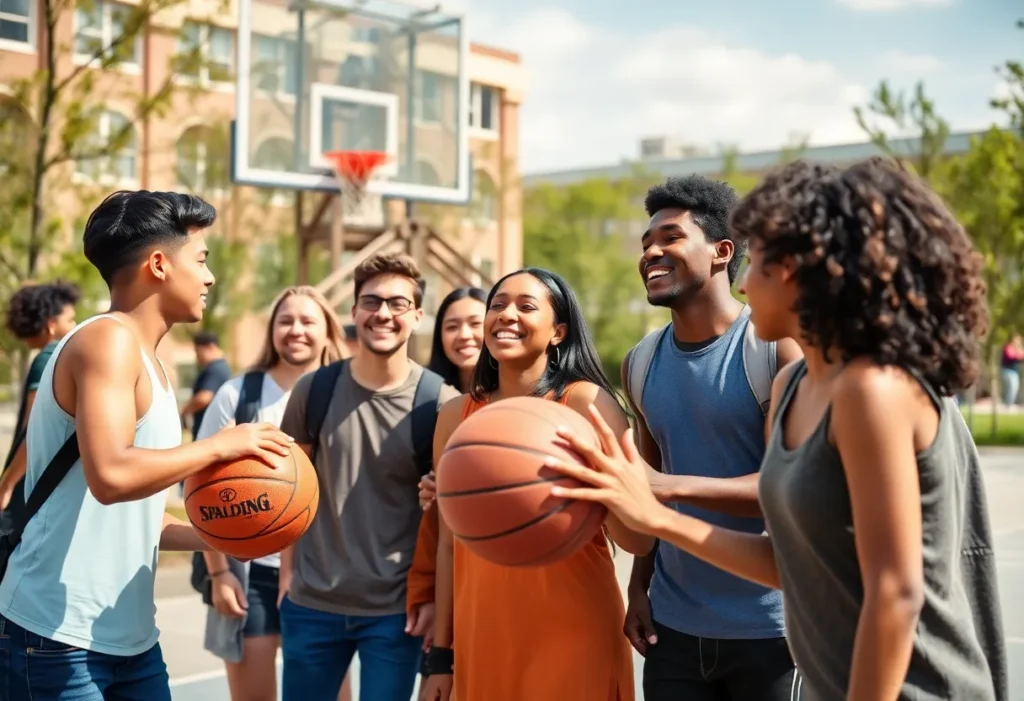 Diverse group of students playing basketball at UCF campus