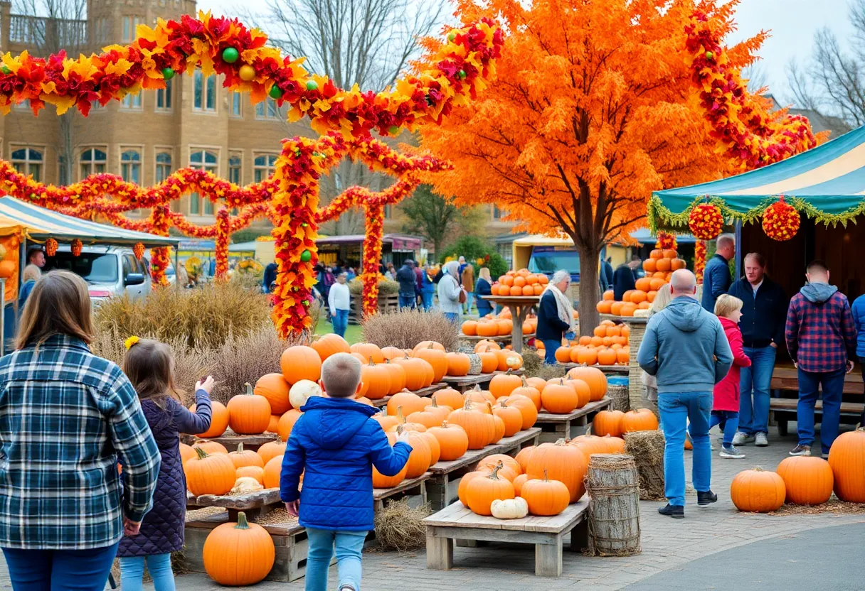 Families enjoying the Dollywood Harvest Festival amidst colorful autumn decorations and pumpkins.