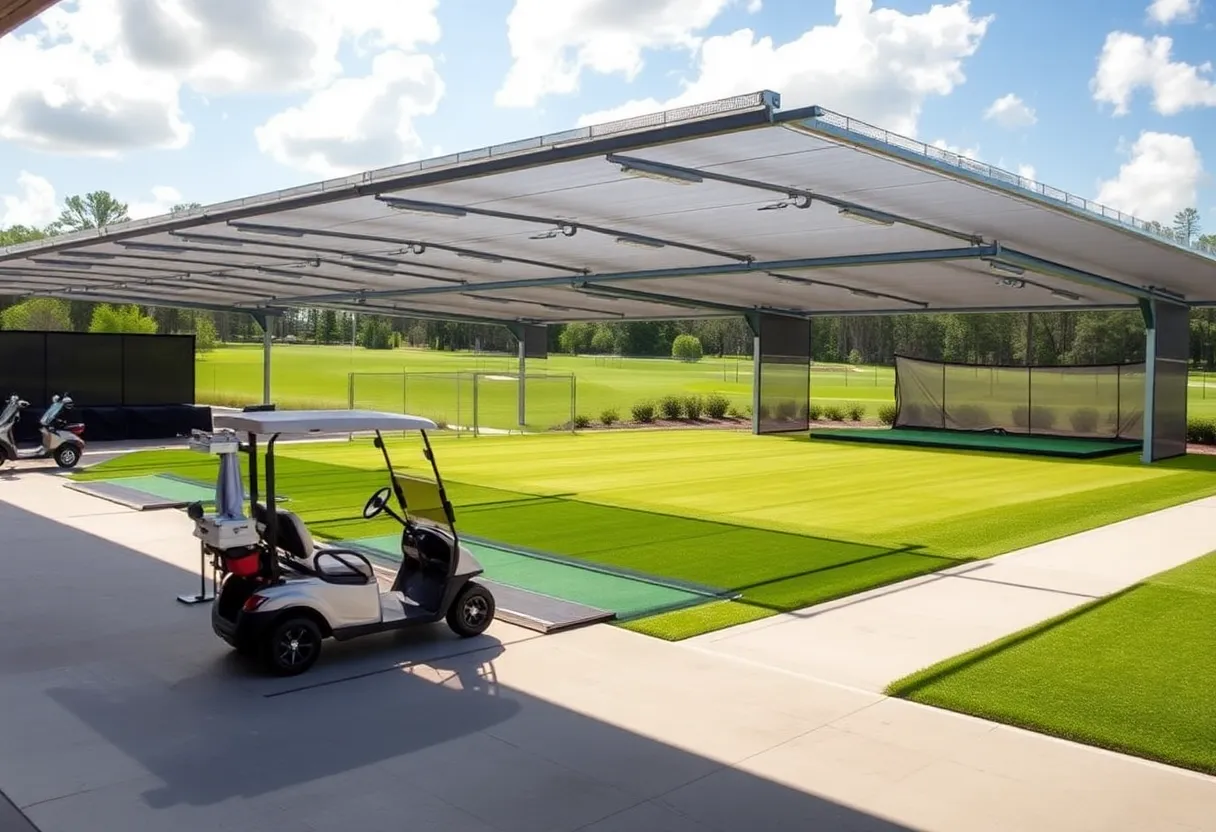 Driving range at Dubsdread Golf Course with covered bays and golfers