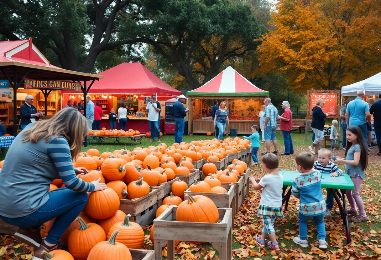 Families enjoying fall festivities in Orlando with pumpkins and food trucks