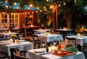 Outdoor dining setup for a fundraising dinner at The Kitchen House in Orlando.