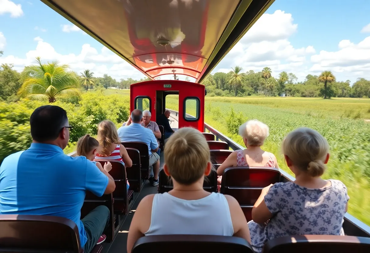 A family enjoying a train ride through scenic landscapes in Florida