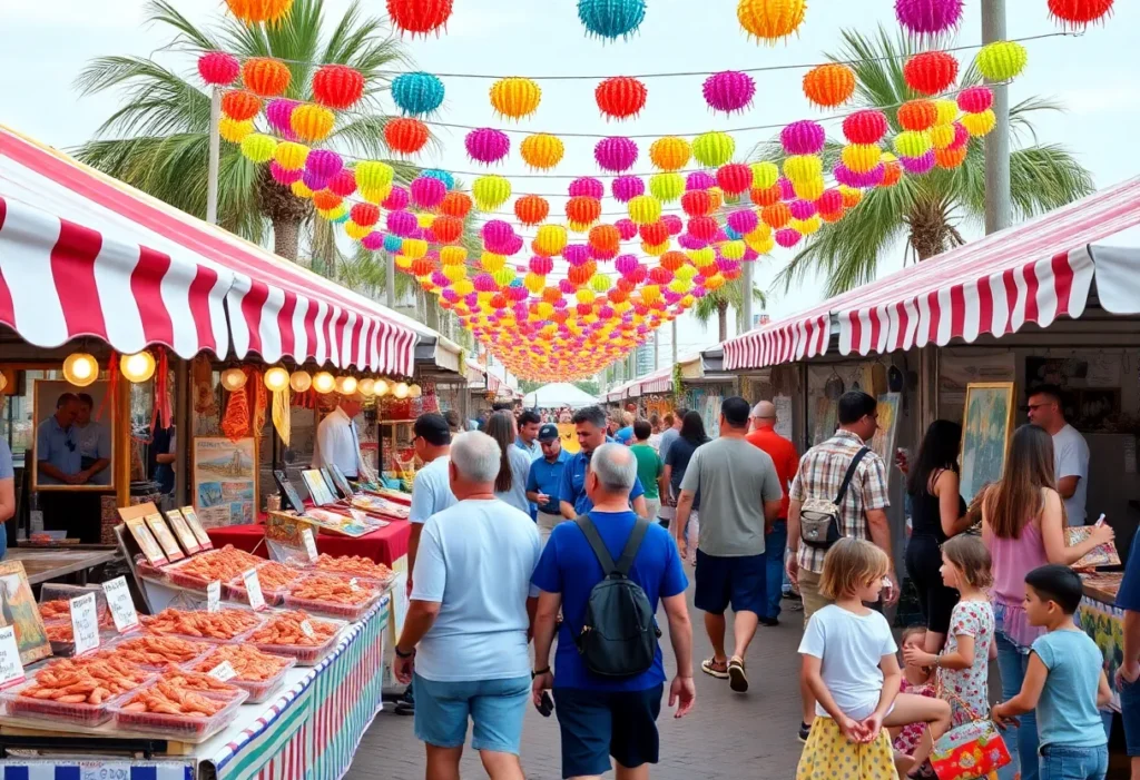 A lively festival in Florida with food stalls and families enjoying the festivities.