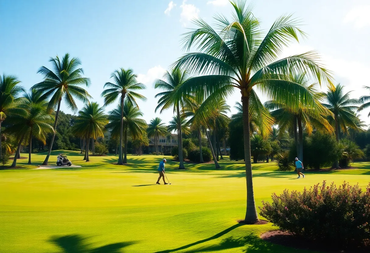 Sunny Florida golf course with palm trees