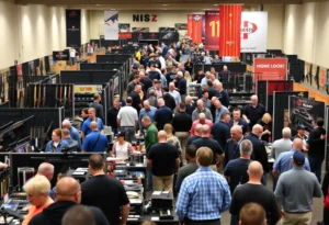 Attendees browsing at the Florida gun show with various firearms and accessories on display