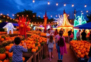Families enjoying Halloween festivities in Florida with pumpkins and costumes.