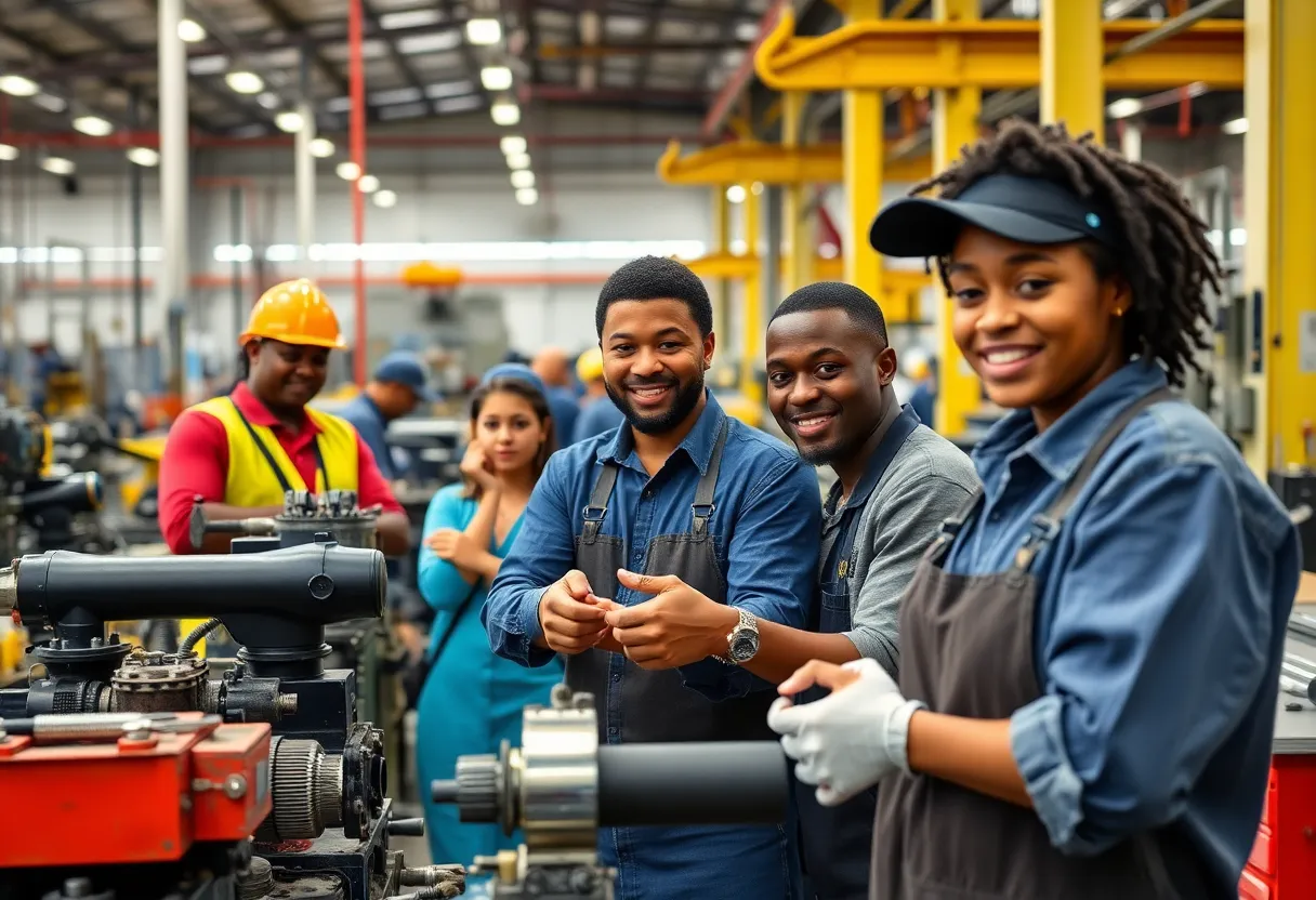 Diverse manufacturing workers in a Florida factory setting