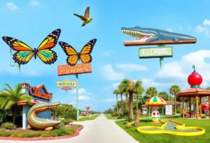 A collage featuring various quirky roadside attractions in Florida, including butterflies, alligators, and themed mini-golf.