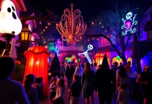 Families enjoying Halloween festivities at a theme park in Orlando