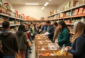 Families receiving food assistance at a community pantry