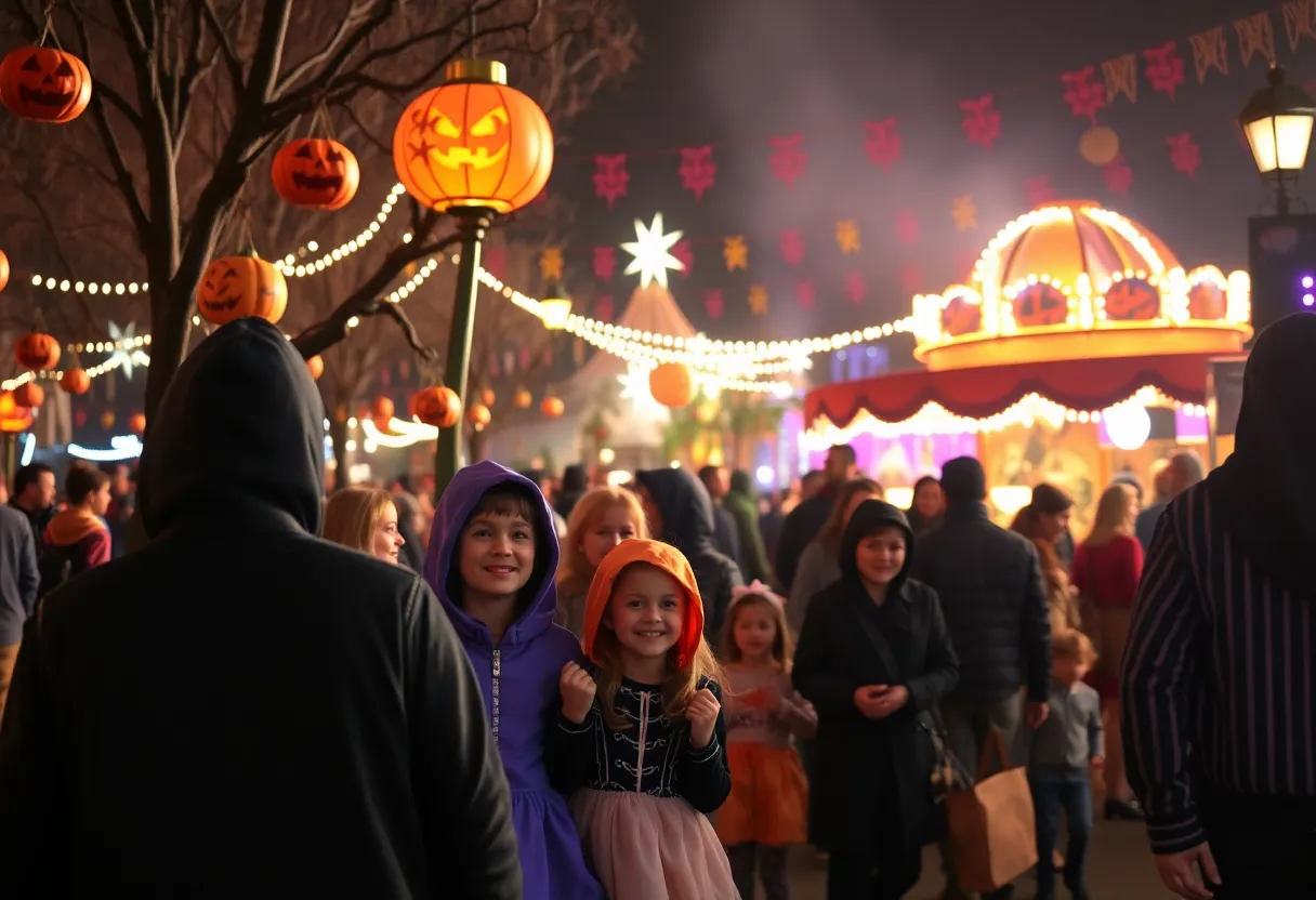 Families enjoying the Gatorland Halloween event with spooky decorations.