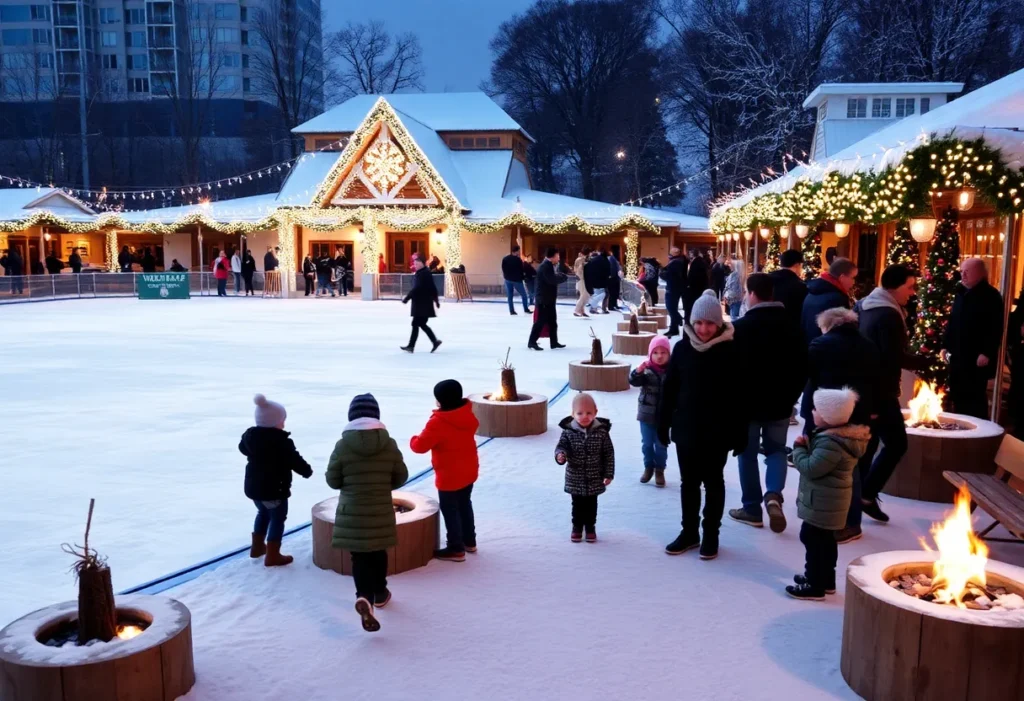 Outdoor ice rink at Grande Lakes Orlando with holiday decorations.