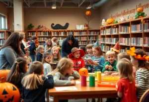 Families participating in Halloween activities at Orlando Public Library