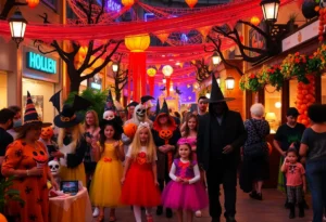 Families celebrating Halloween in Orlando with costumes and festivities