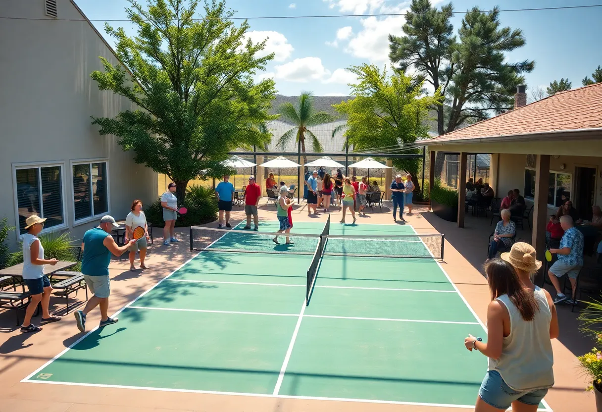 Outdoor area of Hamlin House with pickleball courts and diners