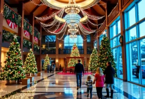 Families celebrating the holidays at a decorated resort