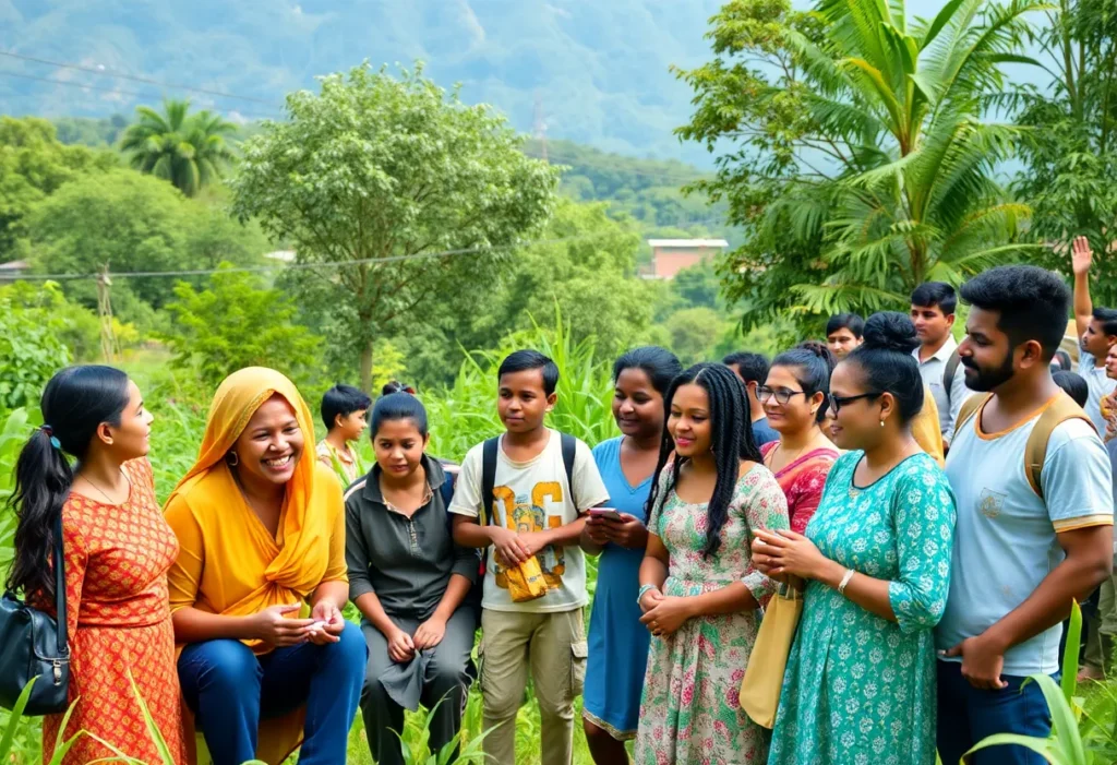 Inclusive community landscape with individuals of various abilities engaged in activities