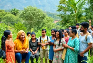 Inclusive community landscape with individuals of various abilities engaged in activities