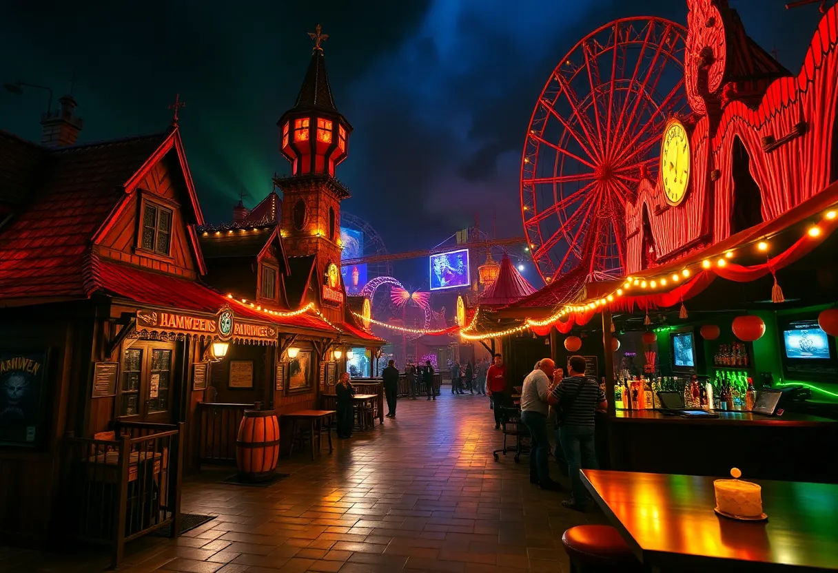Spooky decorations and haunted houses at SeaWorld Orlando's Howl-O-Scream event.
