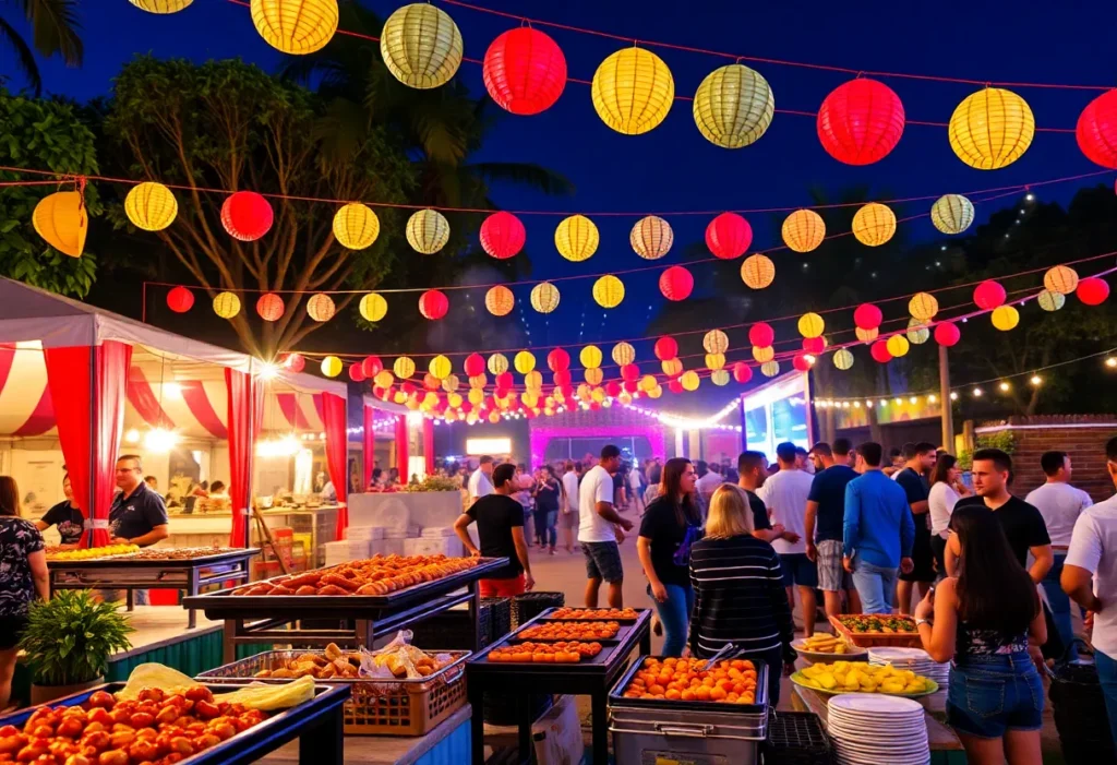 Outdoor BBQ event at ICON Park with guests enjoying food and entertainment.