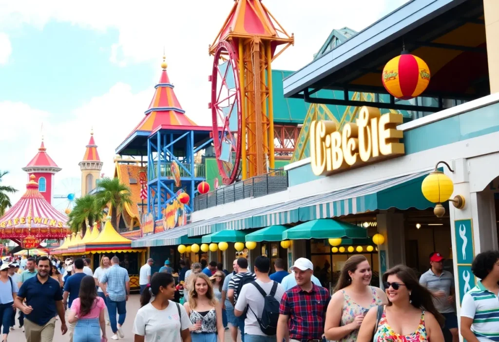 Visitors enjoying ICON Park Orlando with attractions and restaurants
